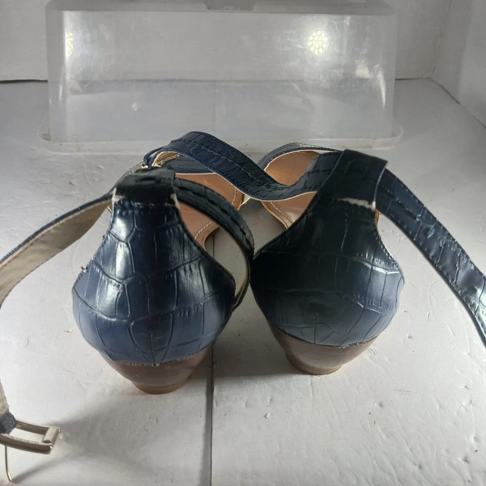 Tommy Hilfiger Wedge Sandals 9.5 Navy Blue Croc Embossed Ankle Strap TWMOLINA2-T